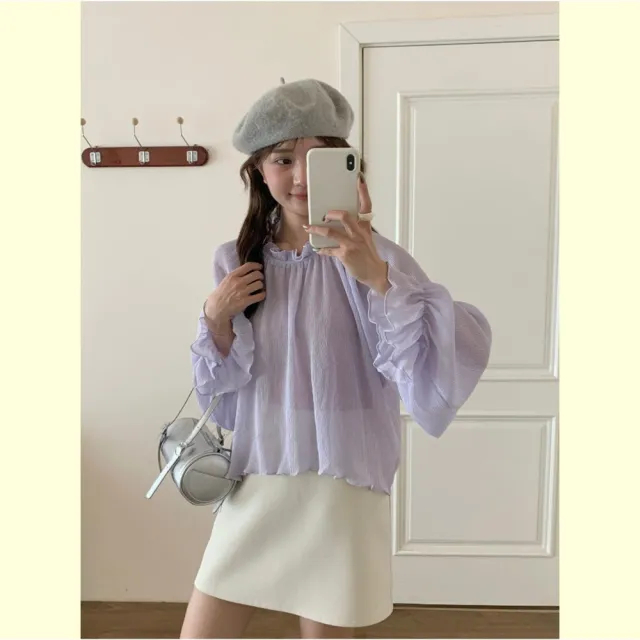 【Want-Meow】90公斤可穿/質感細節長袖透膚領袖木耳多層次穿搭內搭大尺碼上衣大尺碼(大碼/大尺碼/加大碼)