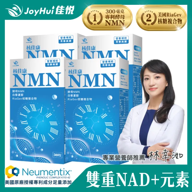 【JoyHui 佳悅】核佳康NMN膠囊4盒(共120粒、酵母NMN+白藜蘆醇+菸鹼醯胺+雙重NAD+元素幫助青春美麗)