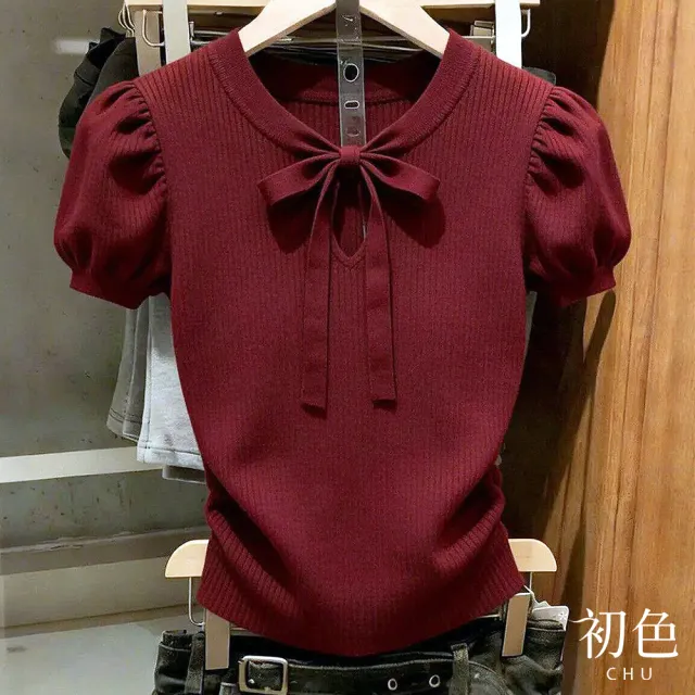 【初色】簡約休閒通勤圓領蝴蝶結綁帶泡泡袖短袖針織上衣女上衣-紅色-19531(F可選)
