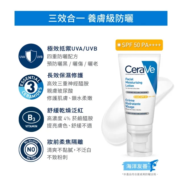 【CeraVe 適樂膚】養膚級防曬三入組★全效清爽修護防曬乳 SPF50 52ml