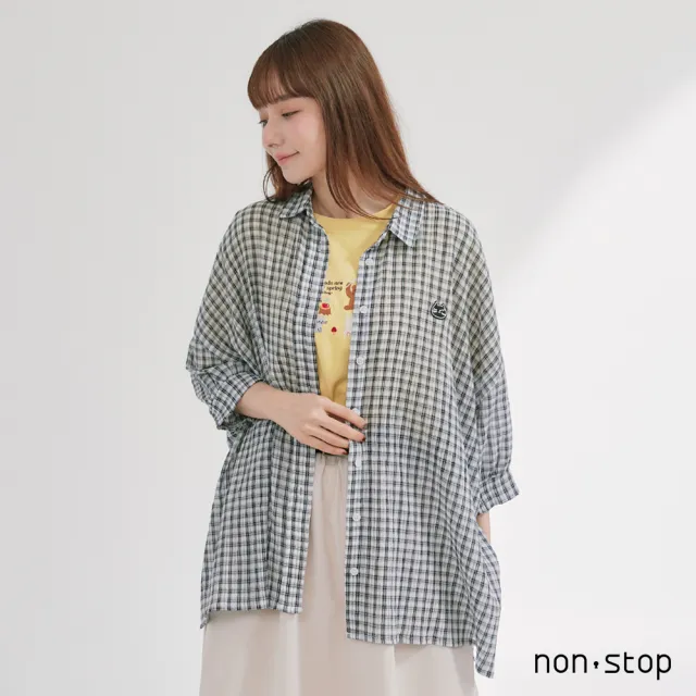 【non-stop】細格紋寬鬆長版襯衫-2色