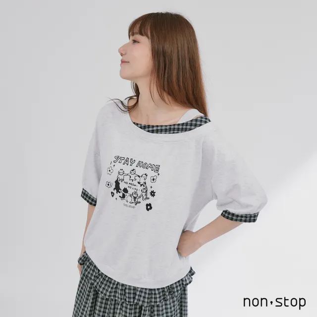 【non-stop】斜肩假兩件格紋拼接T恤-2色