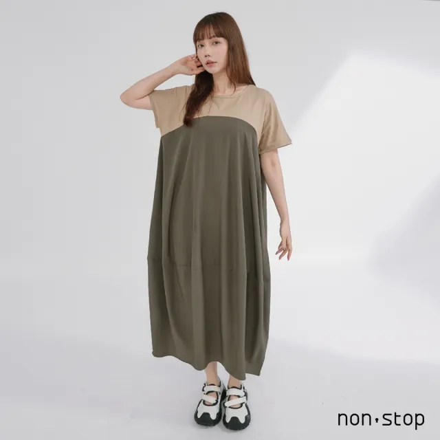 【non-stop】拼色寬版落肩長版洋裝-1色