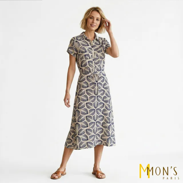 【MON’S】清新葉紋綁帶長洋裝(直)