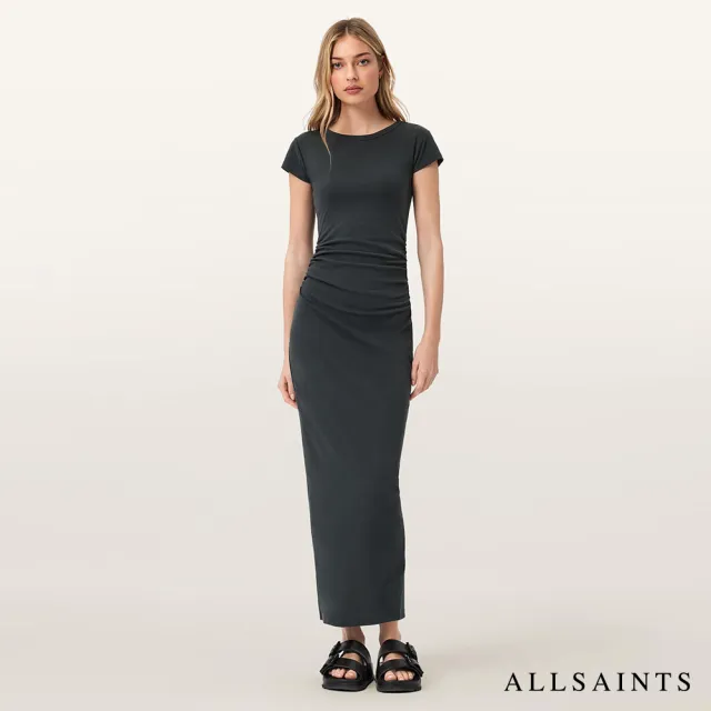 【ALLSAINTS】KATARINA 彈性抽皺開岔長洋裝-灰藍 W386DC(修身版型)