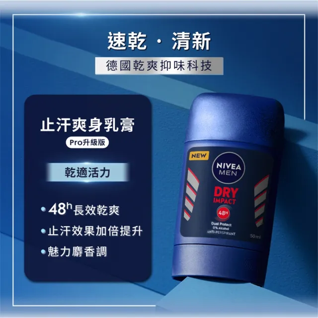 【NIVEA 妮維雅】男士止汗爽身乳膏Pro升級版50mlx4入(乾適活力/極限動力-銀炫魅力)