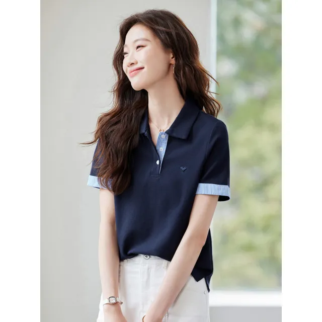 【ALLK 歐楷】新品上架 配色POLO造型上衣 藍色 尺寸L-XXL/中大尺碼/涼爽/透氣