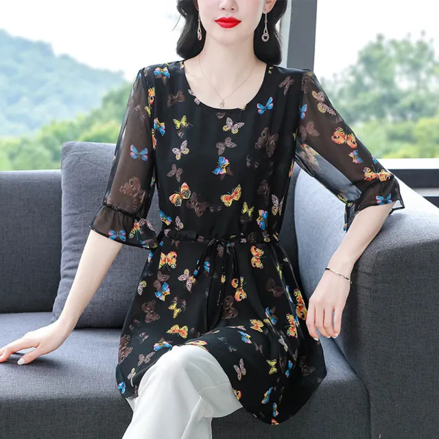 【ALLK 歐楷】新品 印花雪紡上衣 黑色(尺寸L-XXL/中大尺碼/涼爽/透氣)
