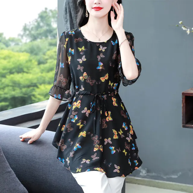 【ALLK 歐楷】新品 印花雪紡上衣 黑色(尺寸L-XXL/中大尺碼/涼爽/透氣)