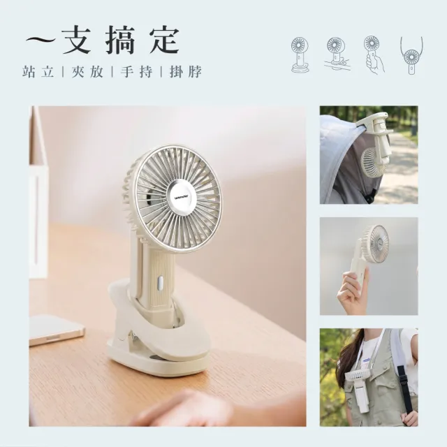 【WONDER 旺德】倒夾掛脖手持左右擺頭多功風扇 WH-FU36 充電 手持 夾扇 桌扇 隨身 嬰兒車 寵物車 掛脖