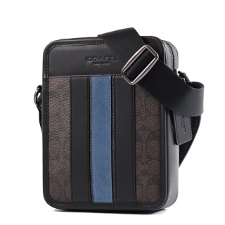 【COACH】男款 麂皮條紋緹花LOGO防刮拉鍊斜背小包-咖啡色