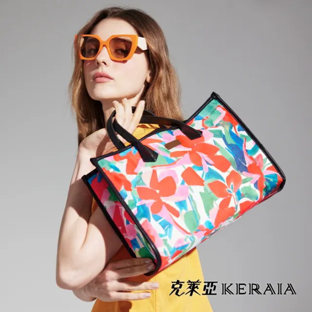 【KERAIA 克萊亞】魅力價-春花漫舞彩繪印花托特包(附背帶)