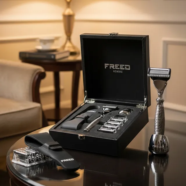 【FREED】尊爵四件組五刀式刮鬍刀禮盒 - F滿版鍍鎳浮雕(刮鬍刀界的勞斯萊斯)