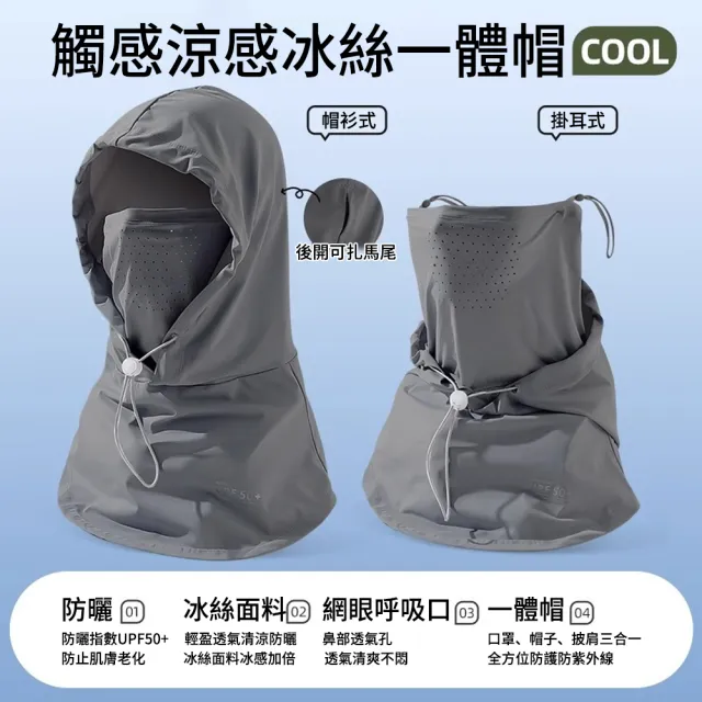 【SUNLY】抗UV冰絲防曬帽全遮臉面罩(涼感透氣/機車遮陽帽/可紮馬尾/圍脖一體/防紫外線)
