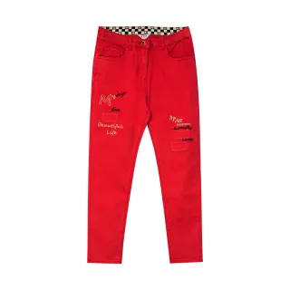 【MYVEGA 麥雪爾】高含棉金釦字母刺繡牛仔九分褲-紅