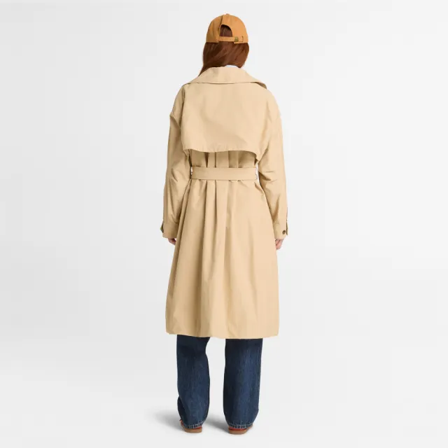 【Timberland】女款米色防潑水長版風衣外套(A42BFY94)