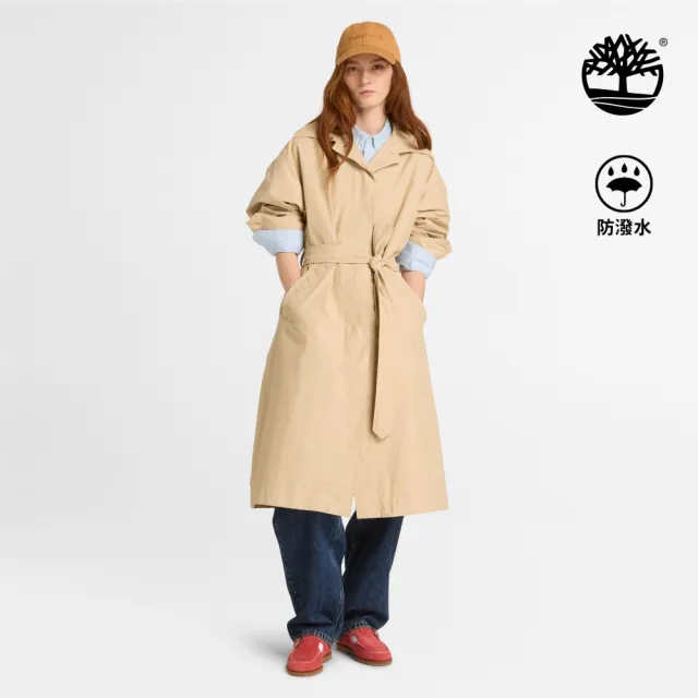 【Timberland】女款米色防潑水長版風衣外套(A42BFY94)