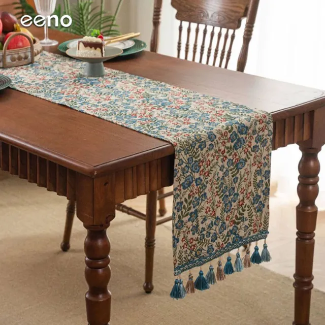 【eeno】特色圖紋緹花 流蘇桌旗33×300cm餐桌巾 桌布檯布 長桌墊(CB001)