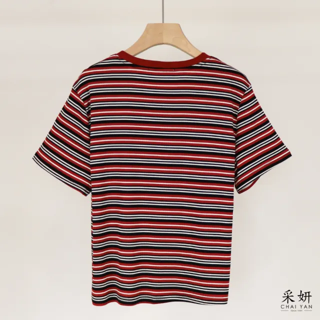 【CHAI YAN 采妍】橫條小布標高彈短袖上衣(春夏新款-65-78公斤可穿)