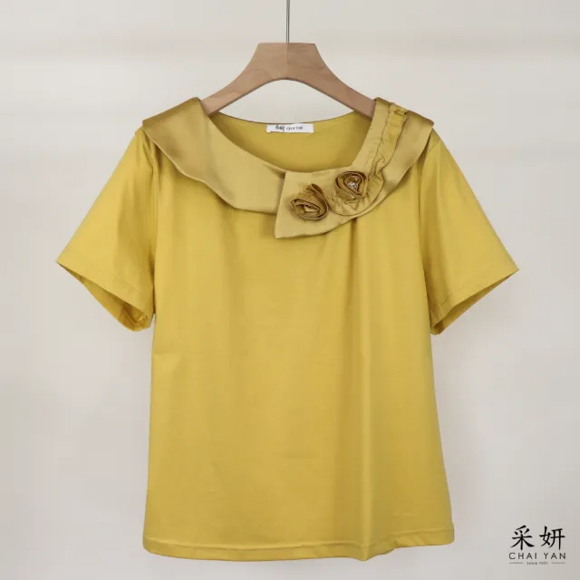 【CHAI YAN 采妍】荷葉領綴飾短袖上衣(春夏新款-65-78公斤可穿)