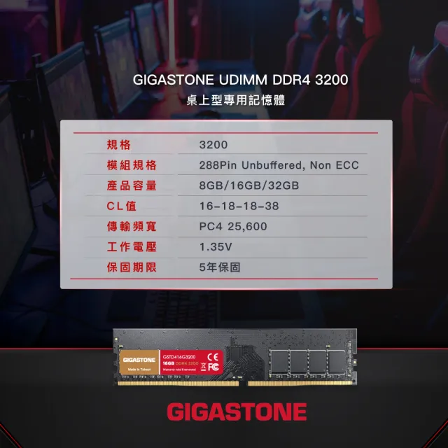 【Gigastone 立達國際】DDR4 3200MHz 32GB 桌上型記憶體 2入組(PC專用/16GBx2)