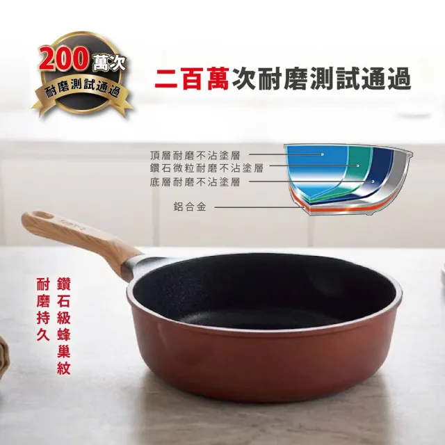 【Arnest】日本 Arnest 鑽石蜂巢紋不沾深型炒鍋24cm(兩色任選一/200萬次耐磨/韓製鍋/木紋把手)