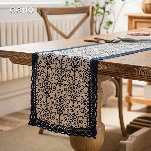 【eeno】青花瓷棉麻桌旗33×240cm花邊餐桌巾 桌布 桌墊(CC002)