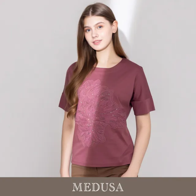 【MEDUSA 曼度莎】現貨-大花刺繡圓領短袖翻折上衣 - 2色（M-XL）｜刺繡上衣 翻折上衣 休閒上衣