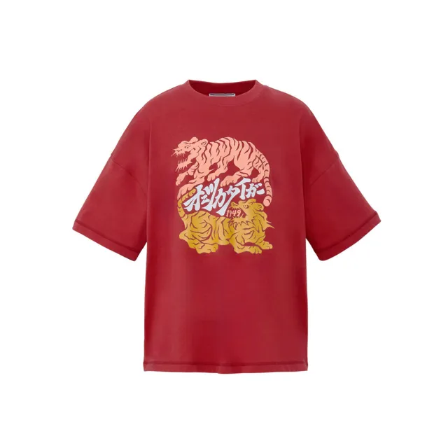 【Onitsuka Tiger】鬼塚虎-和風紅底橘黃雙虎印花短袖上衣(2183B617-600)