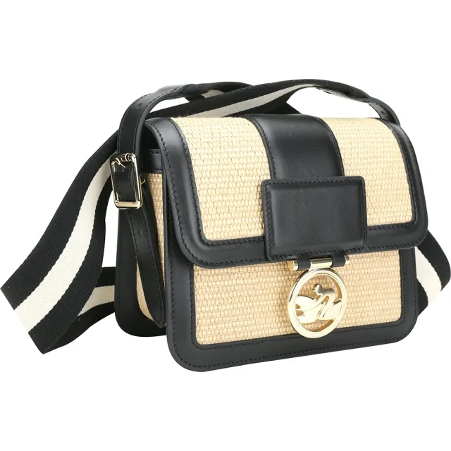 【LONGCHAMP】Box-Trot 草編拼牛皮肩 斜背包-S 黑色