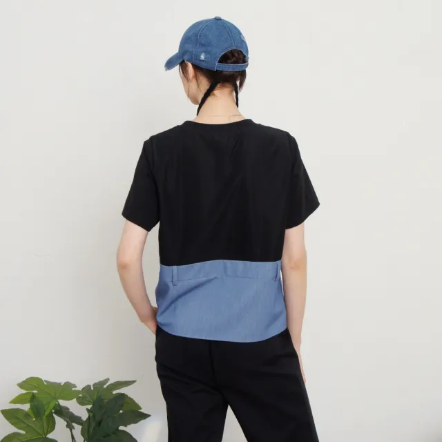 【MASTINA】圓領拼接牛仔下擺短袖T 黑 白(魅力商品)
