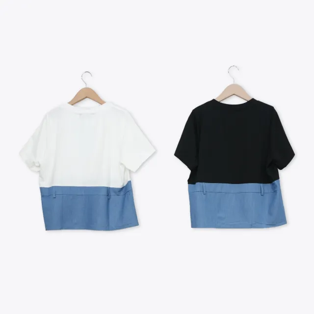 【MASTINA】圓領拼接牛仔下擺短袖T 黑 白(魅力商品)