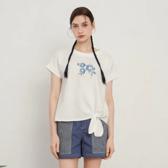 【MASTINA】撞色花卉印花綁結T 深藍 白 粉(魅力商品)