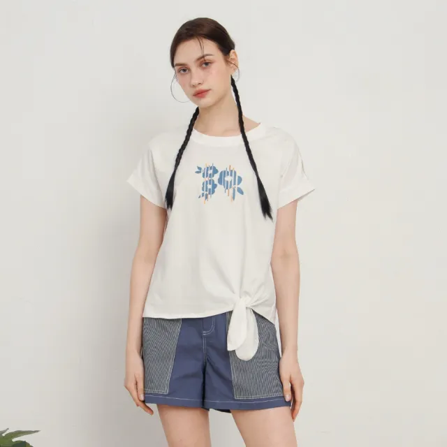 【MASTINA】撞色花卉印花綁結T 深藍 白 粉(魅力商品)