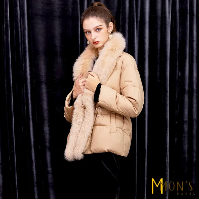 【MON’S】狐狸毛翻領腰帶修身羽絨外套 (100%狐狸毛領可拆)