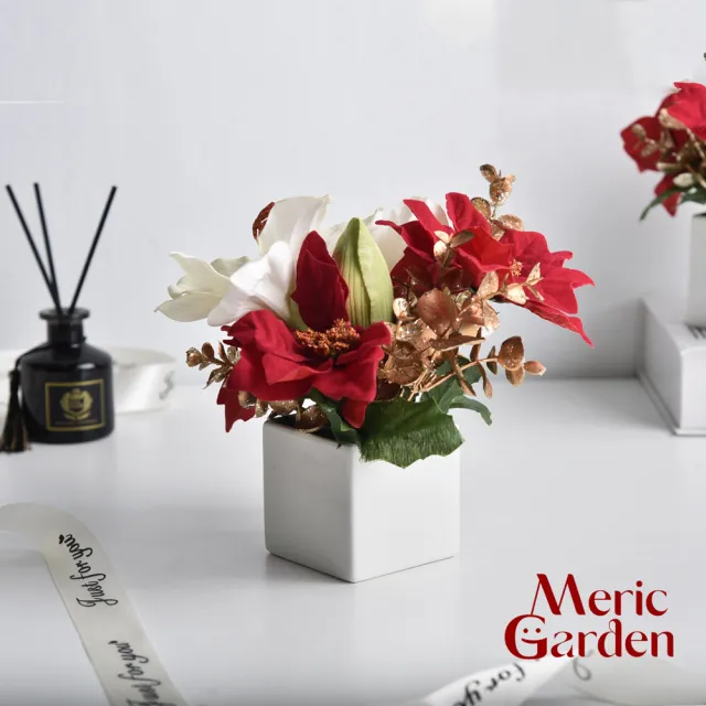【Meric Garden】高仿真台灣手工限定白雪聖誕紅小盆栽2入組(人造聖誕 聖誕裝飾 聖誕禮盒 交換禮物)