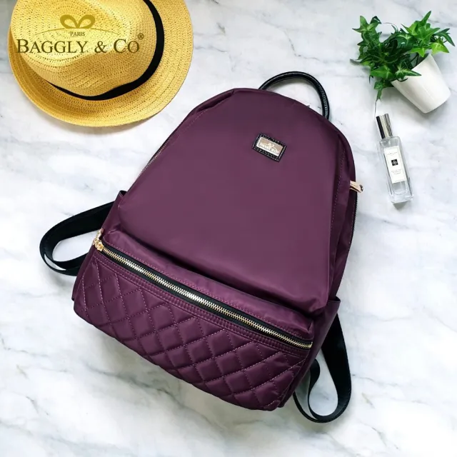 【BAGGLY&CO】雙11 大容量多隔層菱格紋真皮尼龍防盜後背包(真皮包包 貴人紫 真皮後背包 輕量尼 