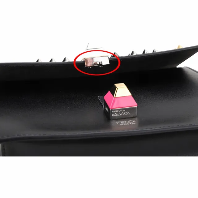 【FENDI 芬迪】KAN I 小款 多彩鉚釘字母黑色兩用鍊帶方包-正釦下掉漆如圖示