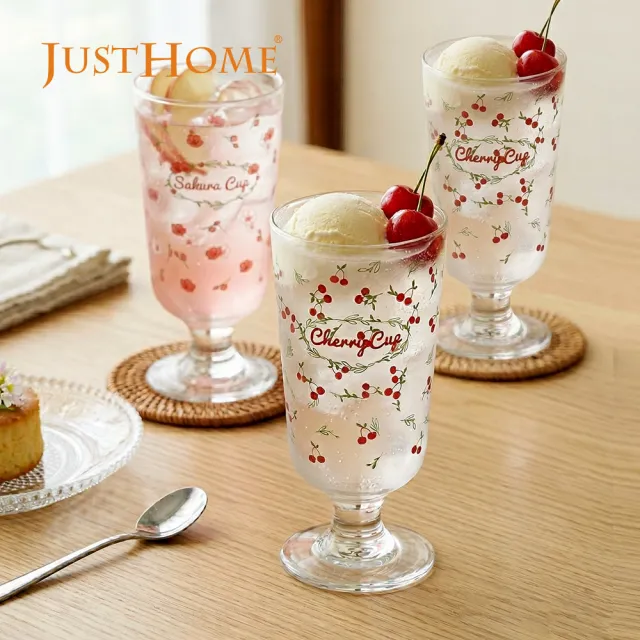 【Just Home】花園系透明玻璃杯3件組285ml-櫻花、櫻桃(水杯 玻璃杯 高腳杯)