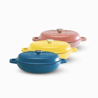 【Mins London】琺瑯鑄鐵鍋淺鍋 30cm（檸檬黃）(平底鍋 炒鍋 IH爐 / 烤箱 / 電爐適用)