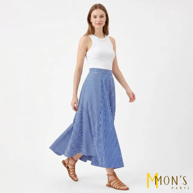 【MON’S】高腰不對稱條紋傘裙子(直)