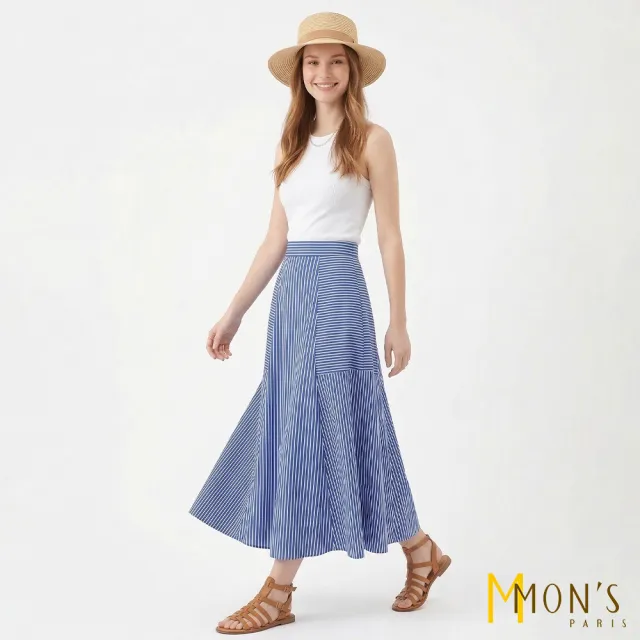 【MON’S】高腰不對稱條紋傘裙子(直)