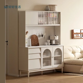 【hoi! 好好生活】預購60天★YW白帽子奶油風橡膠木實木洞洞板上架儲物岩板餐櫃1.5M A286Q01