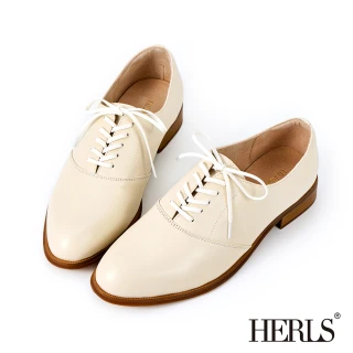 【HERLS】牛津鞋-全真皮簡約拼接橢圓頭低跟牛津鞋(附贈平織鞋帶)-米白色