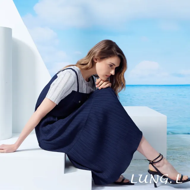 【LUNG.L 林佳樺】LU98H 藍色假兩件顯瘦收腰短袖洋裝