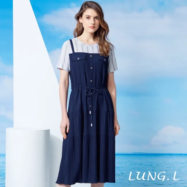 【LUNG.L 林佳樺】LU98H 藍色假兩件顯瘦收腰短袖洋裝