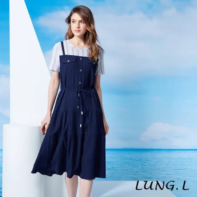 【LUNG.L 林佳樺】LU98H 藍色假兩件顯瘦收腰短袖洋裝