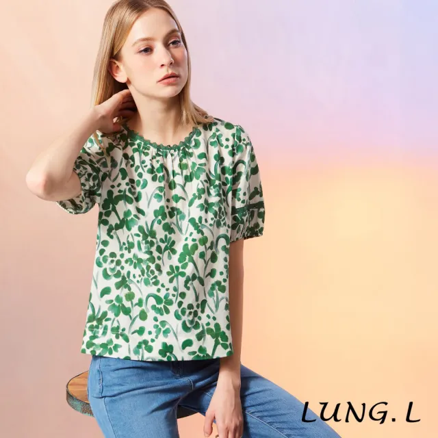 【LUNG.L 林佳樺】LU43A 白底綠花織帶圓領棉質短袖女裝上衣