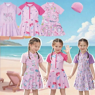 【TONYU 童嶼】女童防曬泳裝裙 連身褲裙 公主花色泳衣 防曬玩水服附泳帽 兒童短袖泳裝