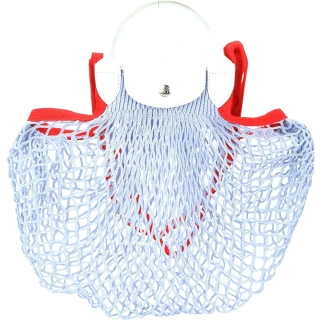 【LONGCHAMP】Le pliage Filet 撞色棉線編織白皮革手提 肩背漁網包-L 藍紫紅